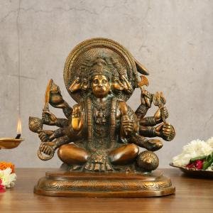 Pure Brass Panchmukhi Hanuman Statue 9.5" | Crossed Legs | Antique Bronze | 4.9 kg Exquisite Divine Strength | 9" Width, 5.5" Depth | Power & Devotion